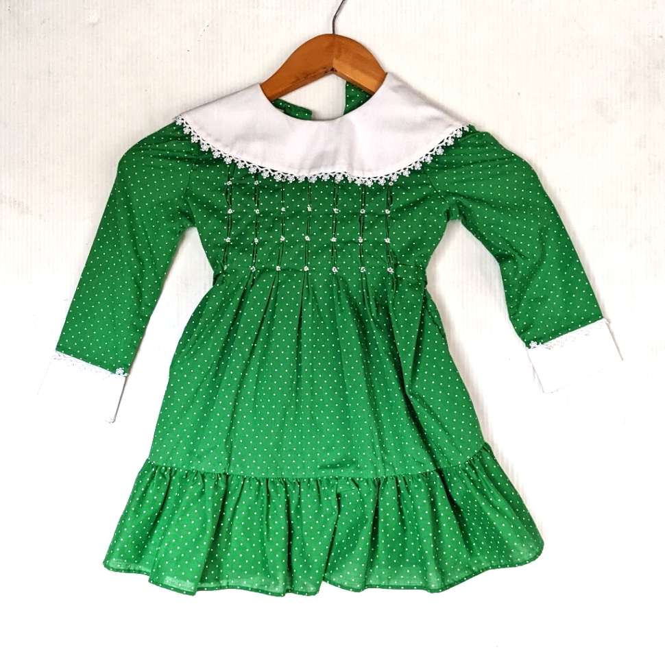 Polly Flinders Smocked Green Microdot Bib Collar Girls Dress